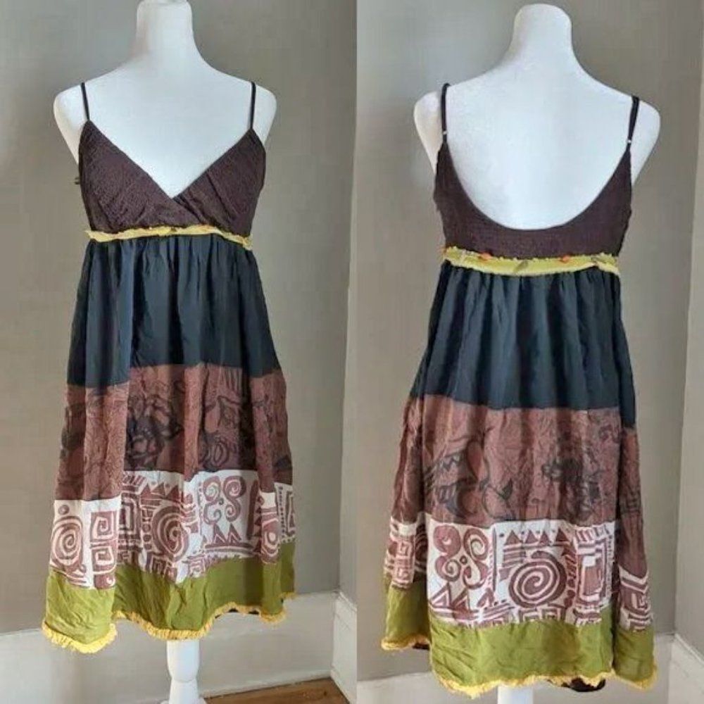 Vintage y2k Sue Wong Dress Silk Tribal Earth Fairycore Feather Beaded Size 4 - Picture 2 of 14